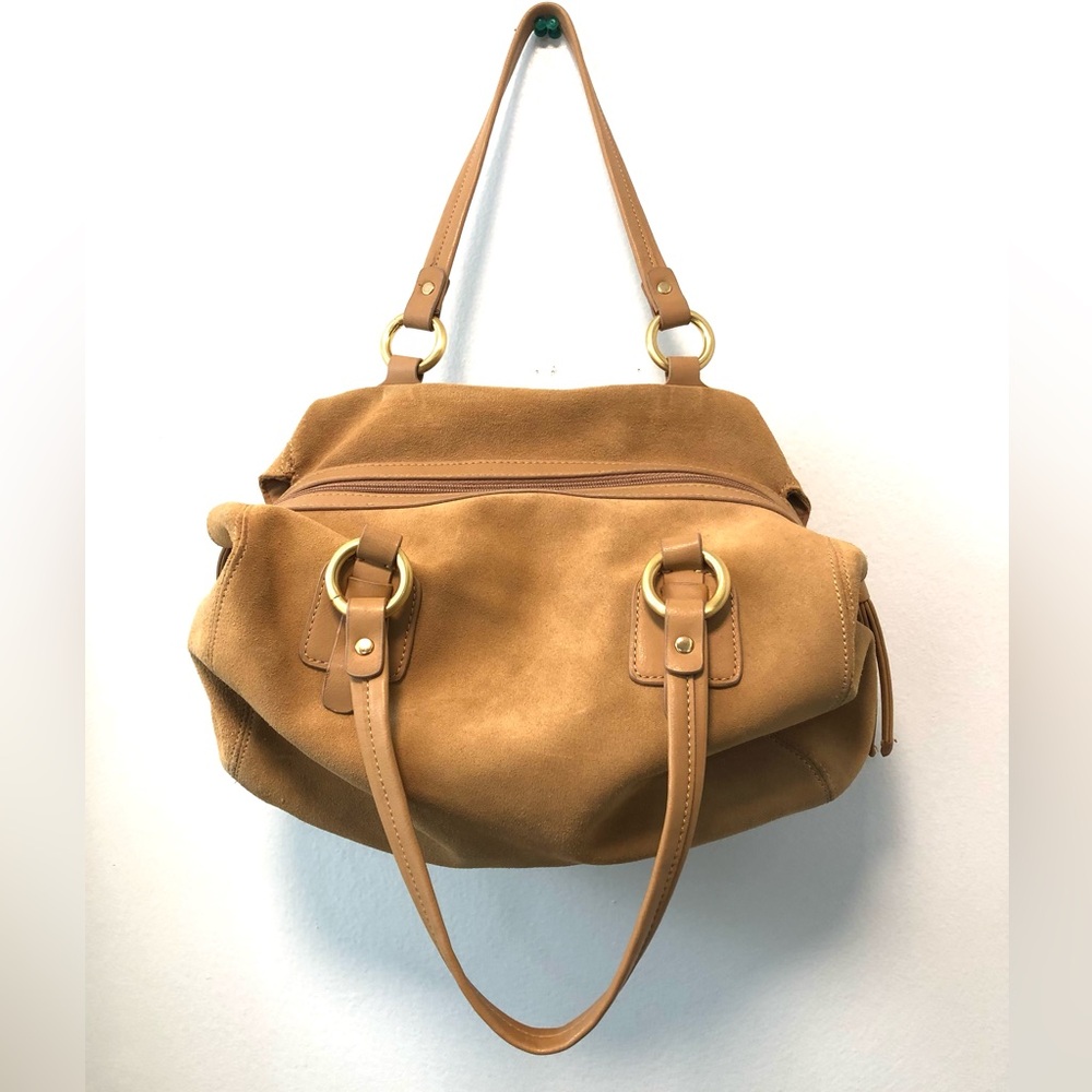 Liz Claiborne small satchel, suede leather, ginger yellow, zip closure.